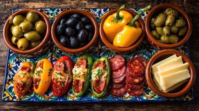 Variety of appetizers on serving platter for culinary display and gastronomy