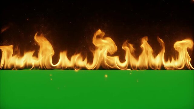 A bright green screen sectioned off from a dynamic wall of fire with dark sparks in the background.