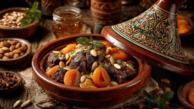 Traditional tagine dish with apricots and almonds in warm lighting