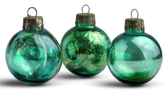 Three emerald christmas ornaments isolated on white with reflections