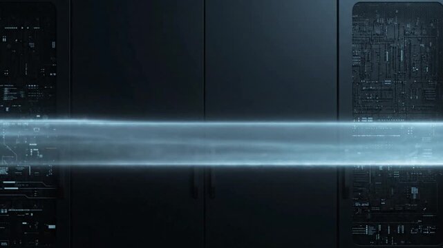 Glowing blue light beam pulses rapidly across dark server rack cabinets in this high tech digital motion data animation clip