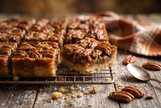 Caramel Nut Bars with Shortcrust Pastry Base on Wooden Board

