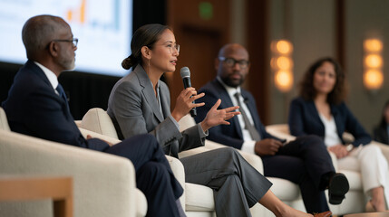 Obraz premium Keynote presenters from varied global backgrounds gathered in a candlelit conference ballroom, a multicultural panel discussing food as medicine research breakthroughs, data