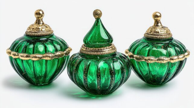 Three decorative glass bottles with golden accents on white background