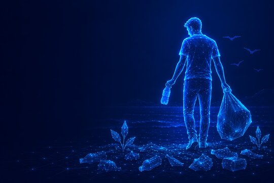 Digital network silhouette of person collecting plastic bottles.world ozone day with recycling pollution environment cleaning volunteer sustainability protection.world ozone day
