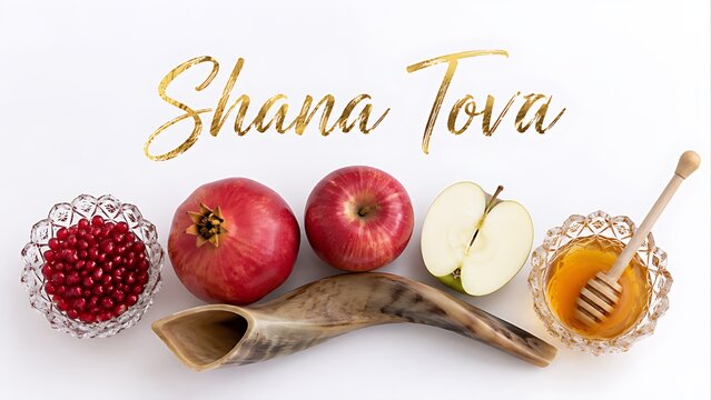 Shana Tova text with golden glitter effect for Happy Rosh Hashanah day with shofar horn honey bowl and apples