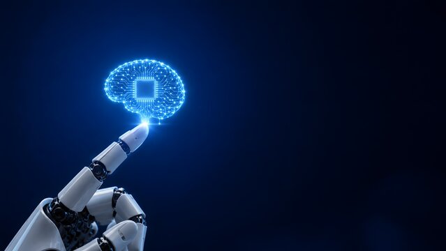 Artificial intelligence machine learning digital brain microchip futuristic robotic hand