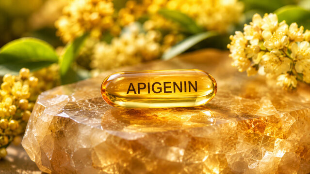 A yellow apigenin capsule sits on a stone surface. It is surrounded by small white flowers and green leaves. The setting appears natural and bright, suggesting a health focus