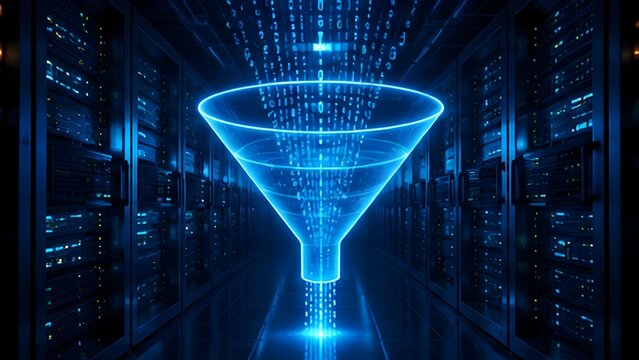 Data filtering optimization binary code processing glowing blue digital funnel server room rack