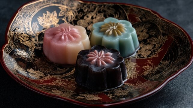 Close up of three decorative desserts on an ornate plate for food imagery