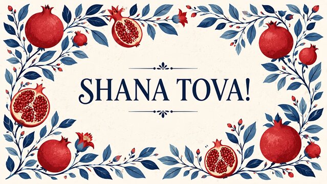 Shana Tova greeting banner for Happy Rosh Hashanah day with elegant blue watercolor leaves and pomegranates