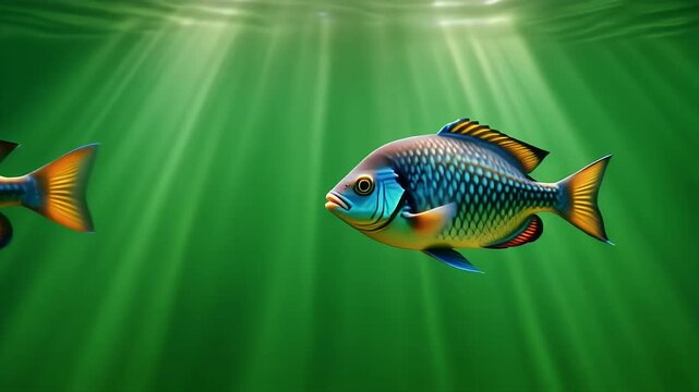 Two vibrant, colorful fish swim in clear blue water with sunbeams filtering from above.
