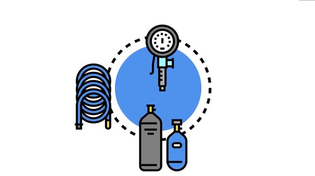 Air pressure equipment presenting a tire pressure gauge with a coiled hose and air tanks, indicating concepts of measurement, inflation, and vehicle maintenance