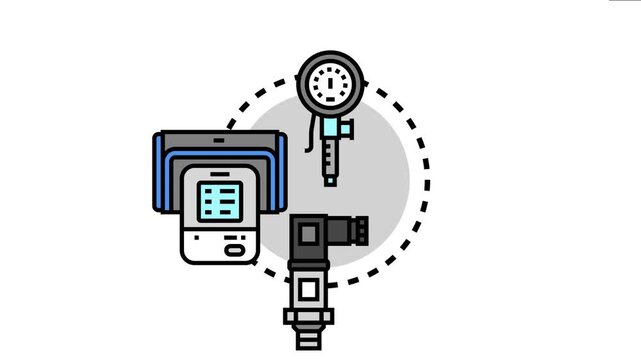 Air pressure readings depicting concepts of diagnostics, system monitoring, and measurement with various gauges, sensors, and digital display devices working together