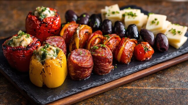 Gourmet appetizer platter with stuffed peppers olives and cheese arrangement