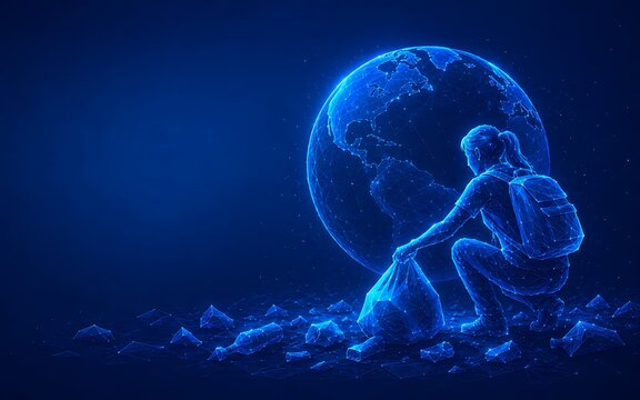 Digital art of a person sitting on earth near a wireframe globe collecting litter for waste management.world ozone day with recycling environment pollution.world ozone day