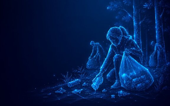 Futuristic digital representation of volunteers cleaning forest area of plastic trash for ecosystem restoration.world ozone day with volunteers cleaning pollution.world ozone day