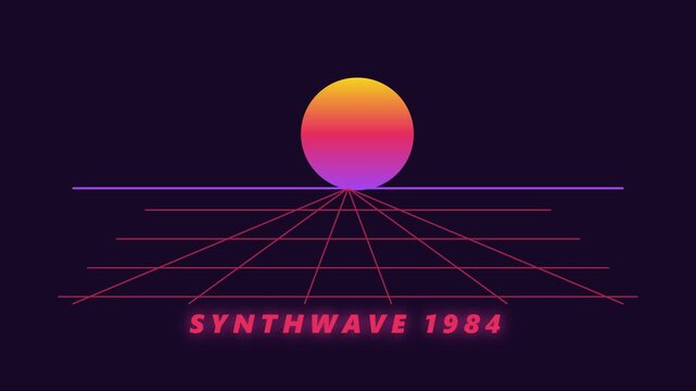 Synthwave 1984 retro neon sunset grid animation 80s cyberpunk aesthetic motion 4k background