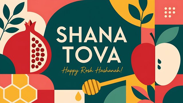 Modern geometric Shana Tova poster for Happy Rosh Hashanah day with abstract apples and honey comb shapes