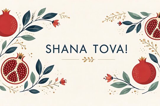 Elegant Shana Tova card background for Happy Rosh Hashanah day with watercolor pomegranates and delicate leaves