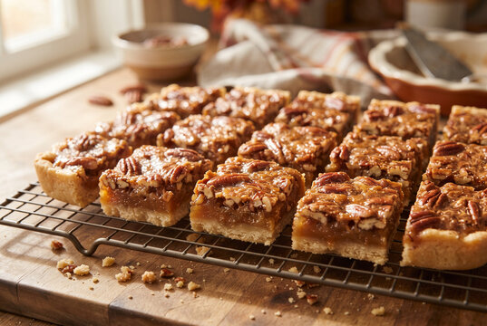 Caramel Nut Bars with Shortcrust Pastry Base on Wooden Board

