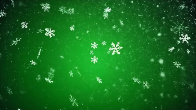 Gentle snow falls against a vibrant green background, creating a festive atmosphere.