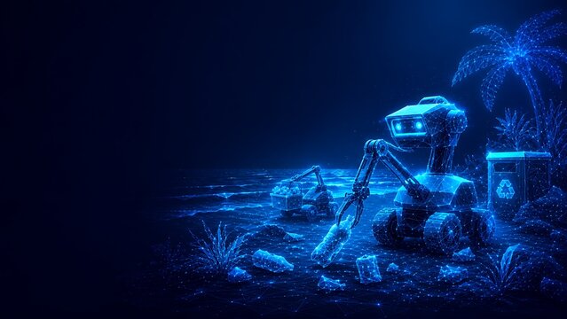 Advanced technological robotic machine cleaning up waste in a natural forest environment.world ozone day with technology cleaning pollution recycling automation.world ozone day