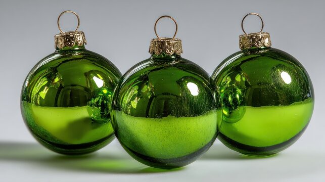 Three shiny green christmas ornaments with golden caps and reflective surface