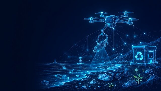 Drone technology used for environmental monitoring and waste collection with recycling bin icon.world ozone day technology monitoring recycling environment pollution.world ozone day