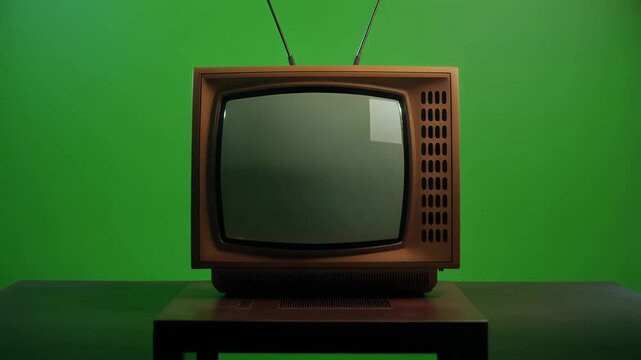 A vintage television sits on a table against a green screen background.