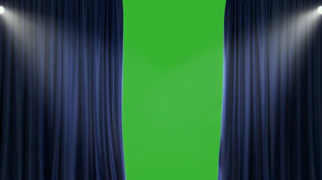 A stage curtain opens to reveal a green screen background with spotlights.