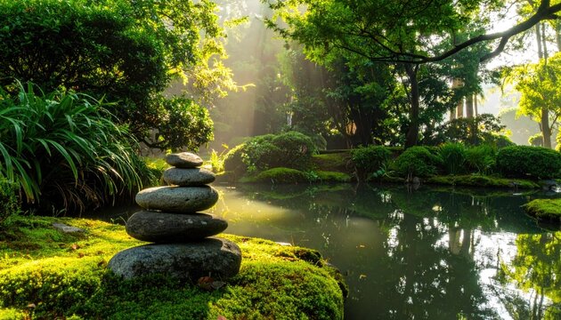 Zen stones by pond with morning sunbeams.