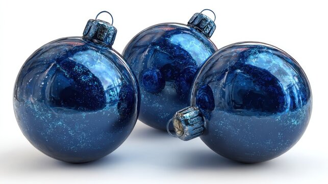 Three shiny blue christmas ornaments on white background closeup