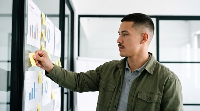 Generative AI, Asian businessman planning strategy with charts and sticky notes