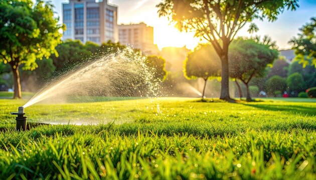 Garden sprinkler watering lawn at sunset.