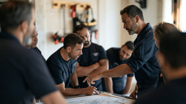 Coast guard rescue team gathers in a marble floored luxury coastal estate briefing room, uniformed officers crowding around an aerial chart while a senior commander points to a