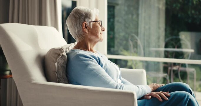 Thinking, calm or senior woman at window with inspiration, daydreaming or memory in chill mindset. Retirement, reflection and elderly person with nostalgia, flashback and peaceful perspective in home
