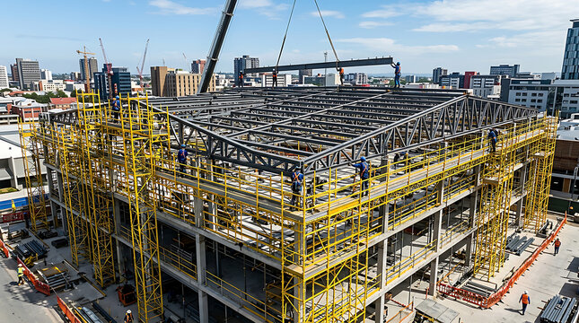 Modern steel framework construction site with crane.