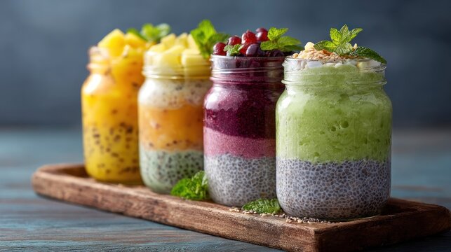 Colorful layered fruit smoothies in jars arranged on a wooden tray