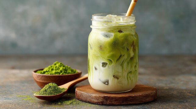 Refreshing matcha latte in glass with ice and bamboo straw
