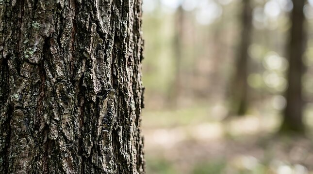 Rugged pine tree bark texture with blurred forest background