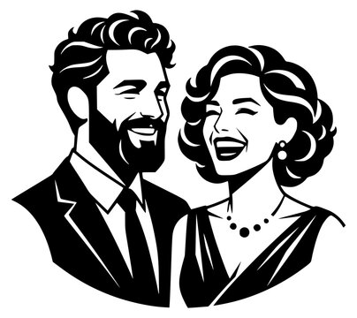 Mid-century couple smiling joyfully in retro portrait illustration for vintage design projects
