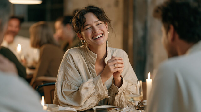 A tarot reader in a dimly lit industrial loft caught in a candid unposed moment, laughing as a lab grown meat sample arrives for an unconventional dinner party, crystal spread