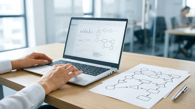 Person working on laptop with flowchart diagrams