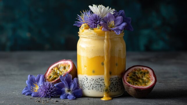 Delicious layered dessert with passion fruit and flower garnish on a dark backdrop
