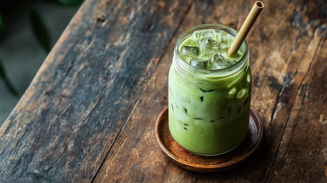 Refreshing matcha green tea latte served in a glass with ice cubes and straw