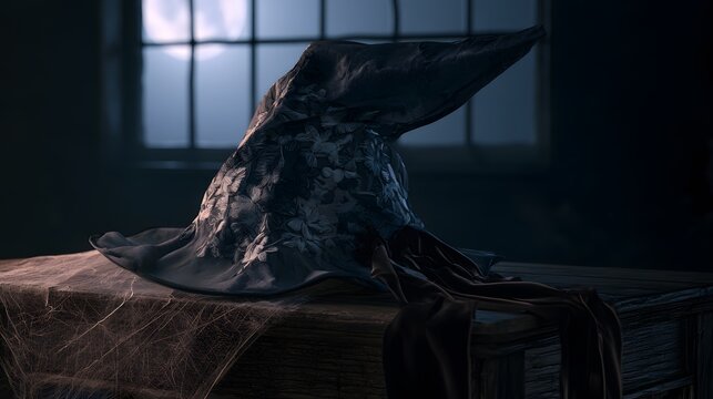 Mysterious witch's hat evokes autumnal magic on a rustic table bathed in moonlight shadows