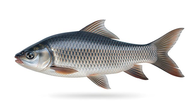 A single raw Rohu fish isolated on a white background.