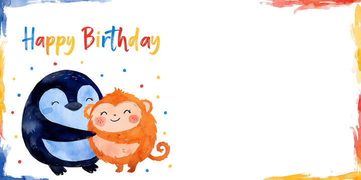Happy Birthday Greeting Card With Cute Watercolor Penguin And Monkey Hugging Each Other On White Background With Colorful Paint Splashes And Copy Space For Kids Party Invitation Concept