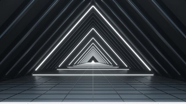 Black and white glowing triangular tunnel futuristic space loop animation